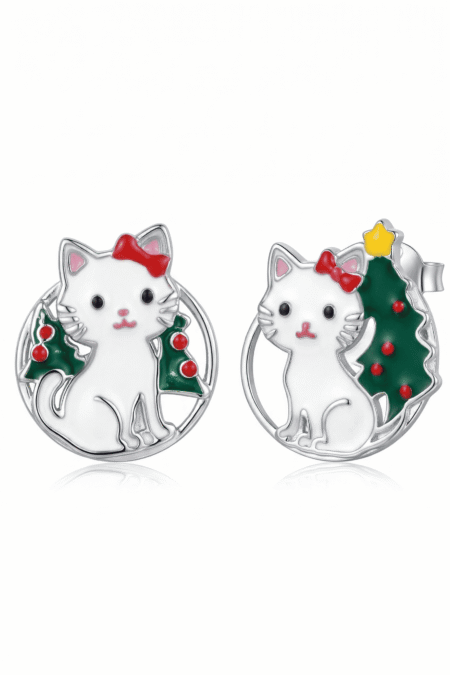 Silberne Katzen-Ohrringe mit Weihnachtsbaum